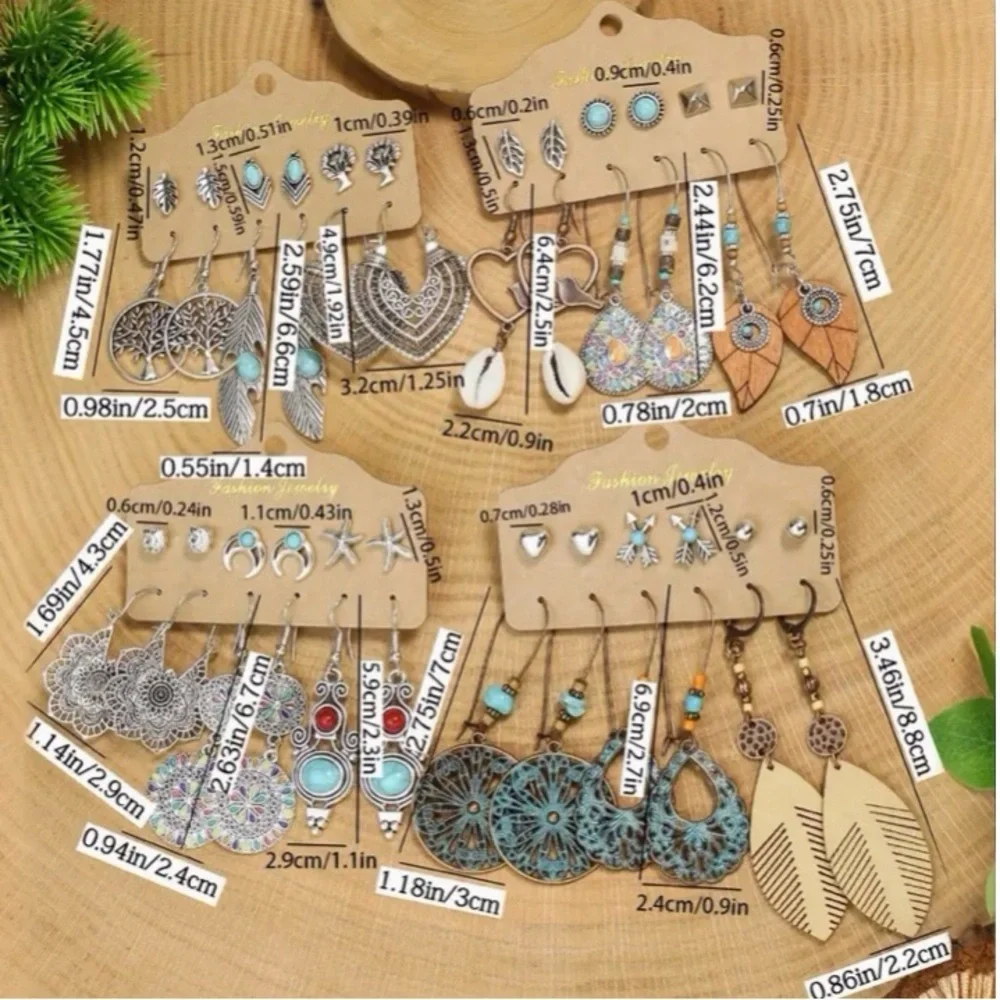 NWOT 6-Pairs Fashion Boho Bronze Silver Beaded Metal Dangle & Stud Earring Set